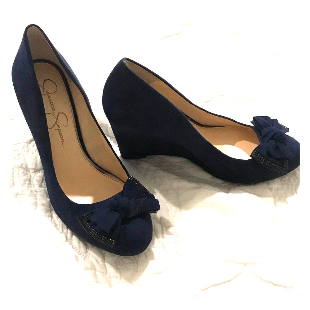 Jessica Simpson blue suede wedge with bow